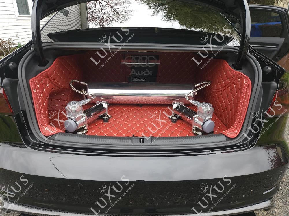 Tapis de coffre 3D intégral sur mesure premium Luxus – motif losange noir avec surpiqûres noires