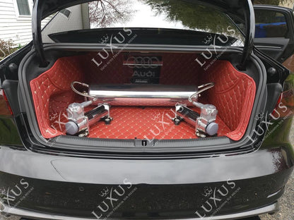 Tapis de coffre 3D intégral sur mesure premium Luxus – motif losange noir avec surpiqûres noires