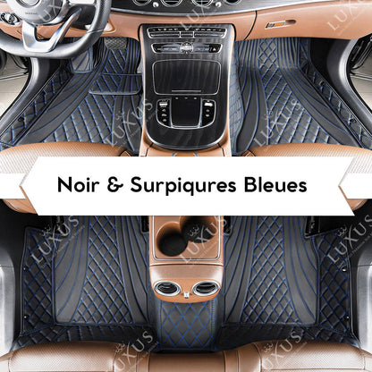 Tapis de Sol 3D sur Mesure Premium Luxus – Motif Hybride Noir avec Surpiqûres Bleues