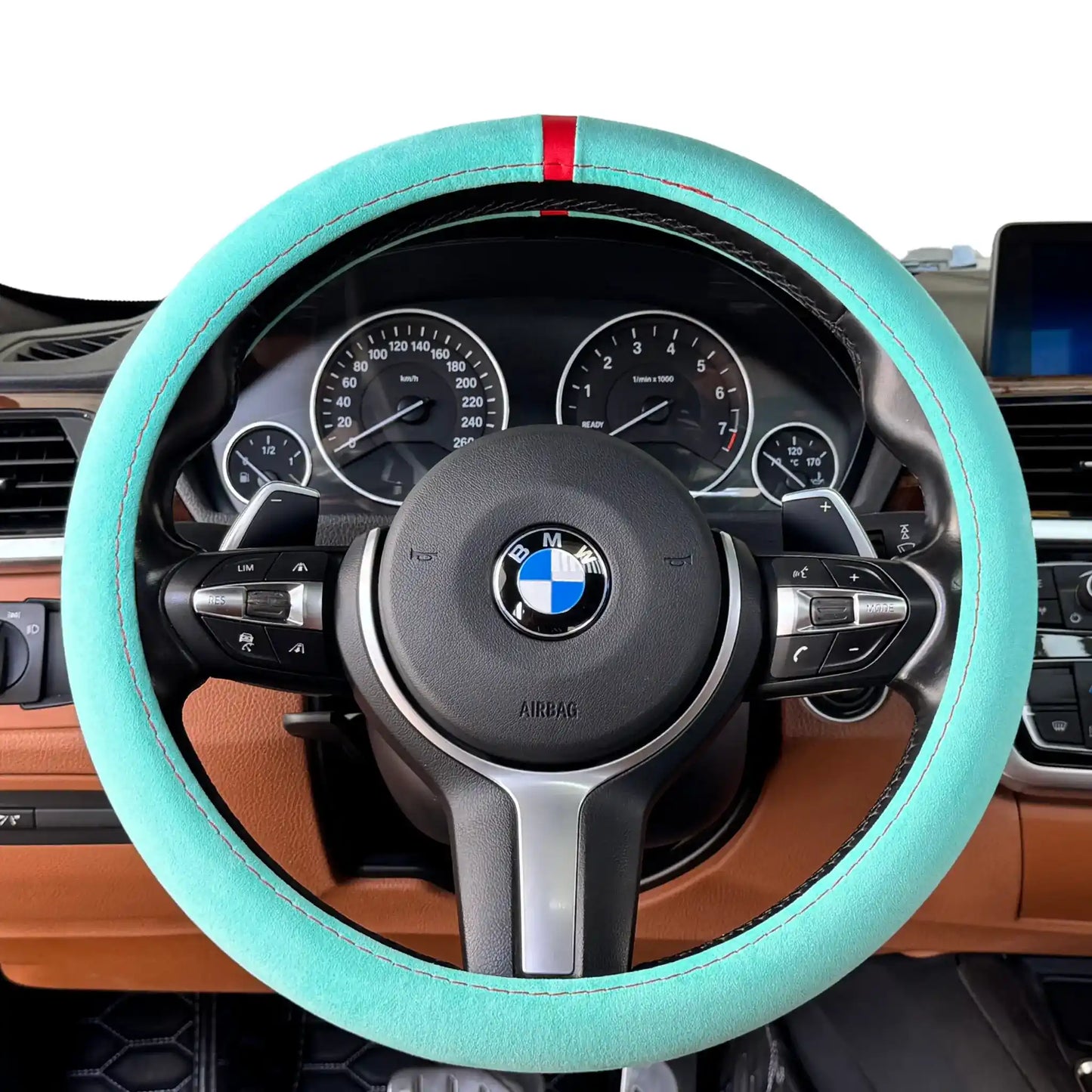 Housse de volant en Alcantara - Bleu Tiffany et surpiqûres rouges
