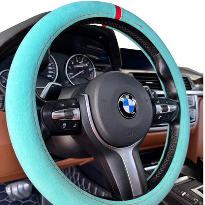 Housse de volant en Alcantara - Bleu Tiffany et surpiqûres rouges