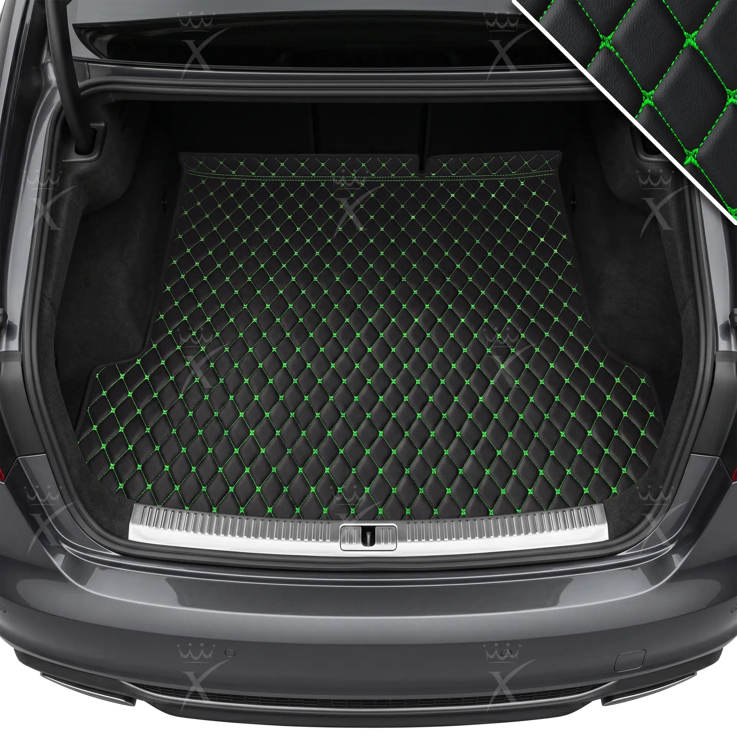 Tapis de Coffre sur Mesure Premium Luxus – Motif Losange Noir avec Surpiqûres Vertes
