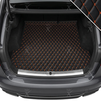Tapis de Coffre sur Mesure Premium Luxus – Motif Losange Noir avec Surpiqûres Oranges