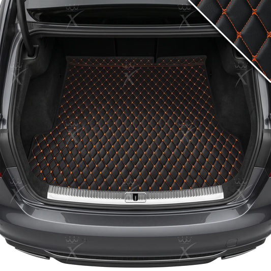 Tapis de Coffre sur Mesure Premium Luxus – Motif Losange Noir avec Surpiqûres Oranges