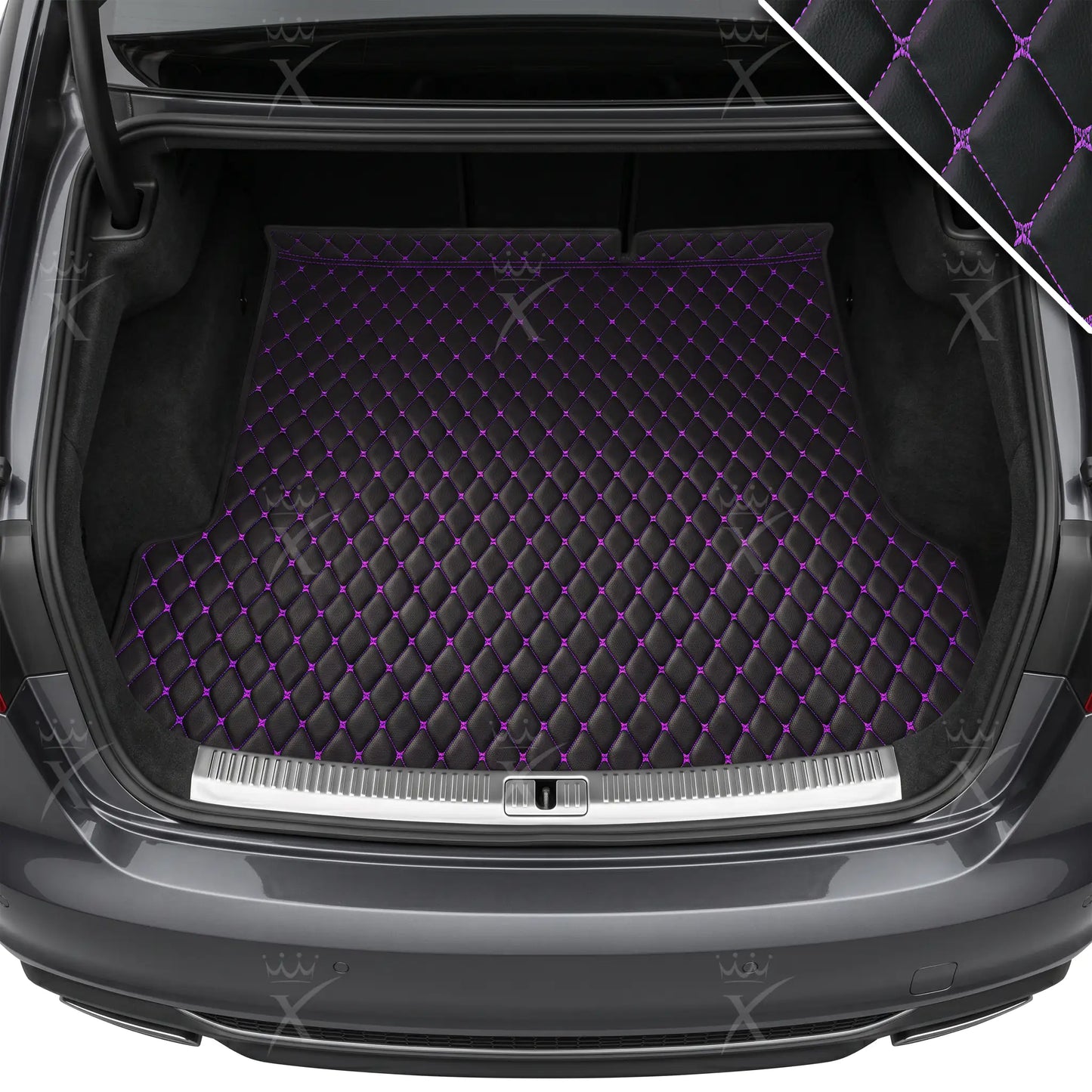 Tapis de Coffre sur Mesure Premium Luxus – Motif Losange Noir avec Surpiqûres Mauves