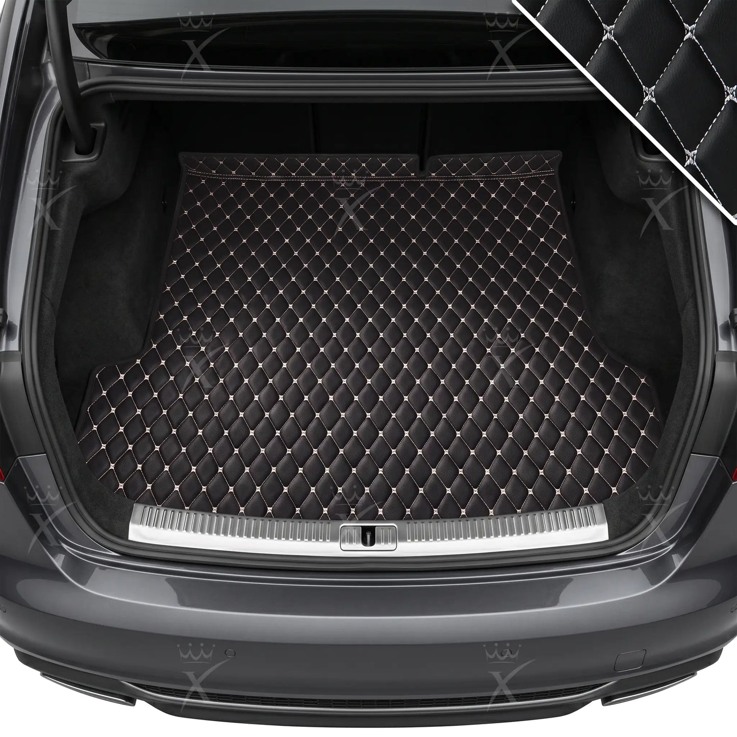 Tapis de Coffre sur Mesure Premium Luxus – Motif Losange Noir avec Surpiqûres Blanches