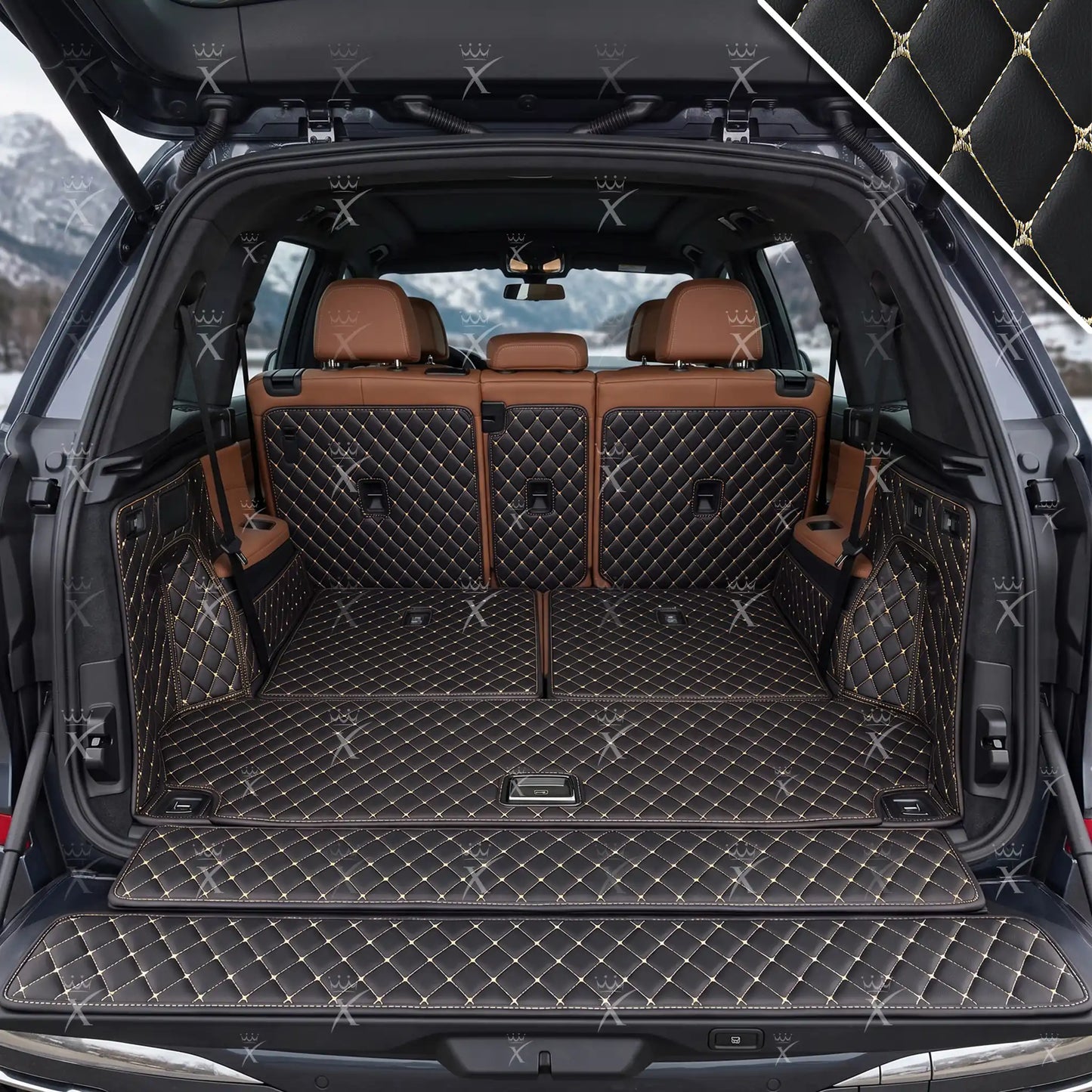 Tapis de Coffre 3D Intégral Sur Mesure Premium Luxus – Motif Losange Noir avec Surpiqûres Beiges