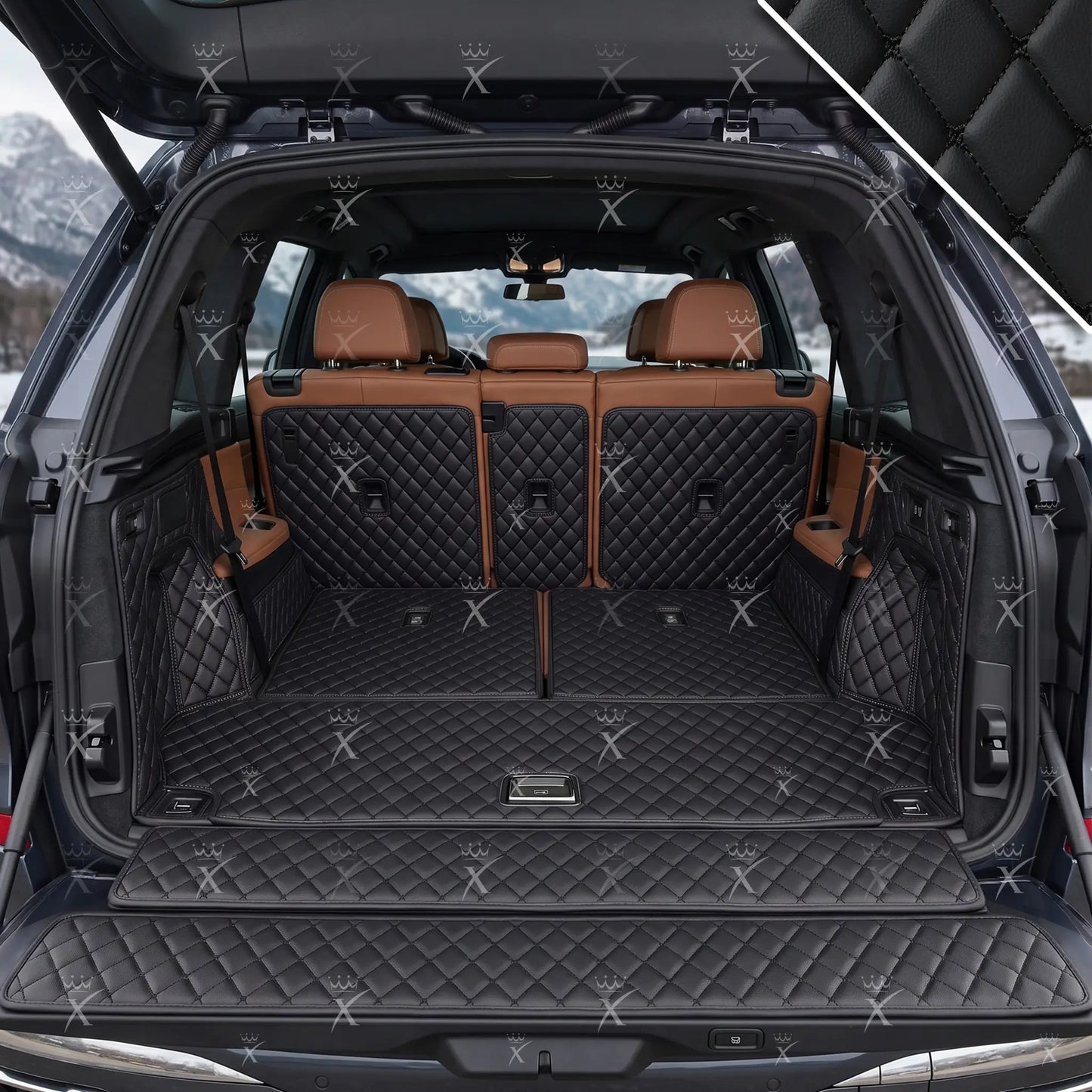Tapis de Coffre 3D Intégral Sur Mesure Premium Luxus – Motif Losange Noir avec Surpiqûres Noires