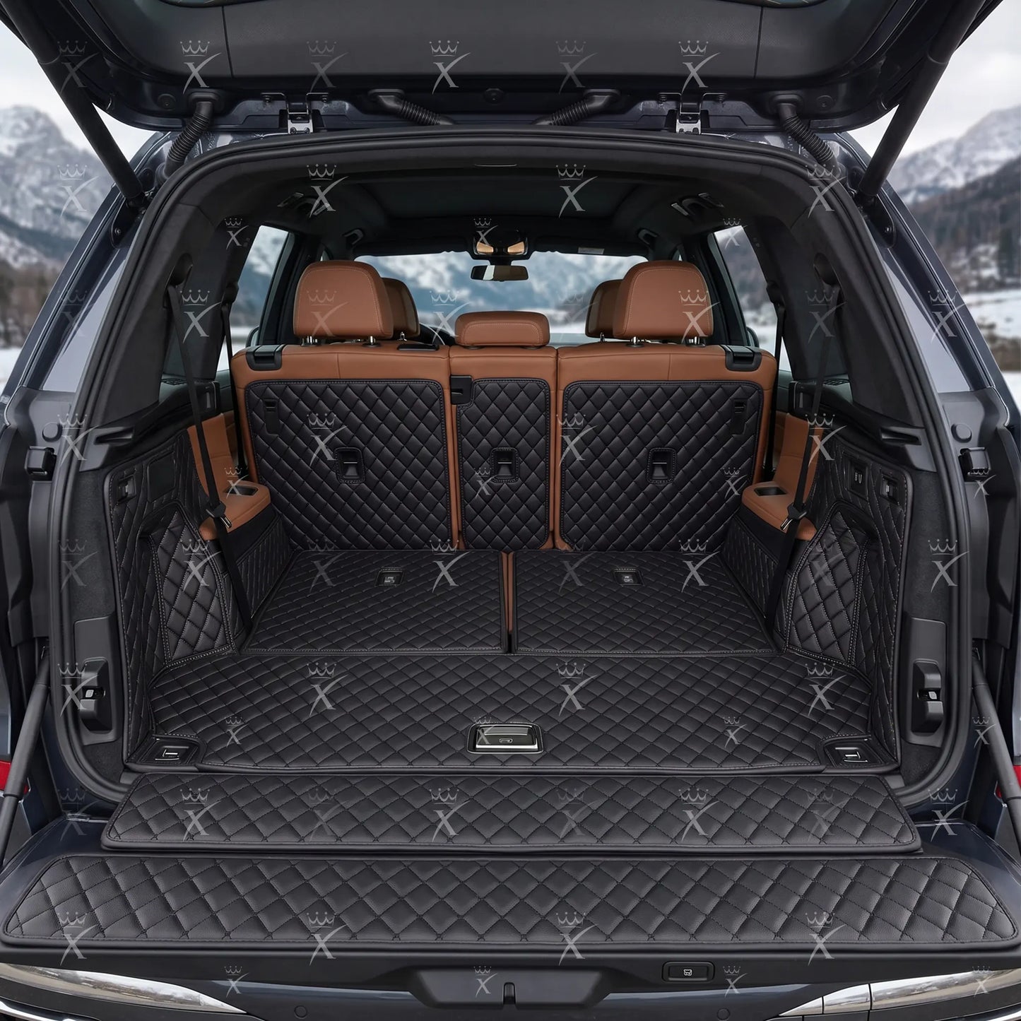Tapis de Coffre 3D Intégral Sur Mesure Premium Luxus – Motif Losange Noir avec Surpiqûres Noires