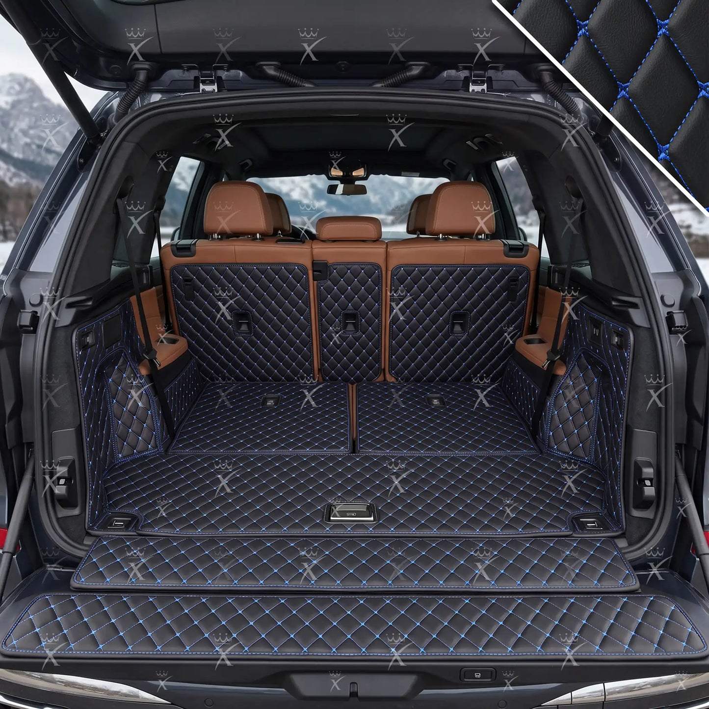 Tapis de Coffre 3D Intégral sur Mesure Premium Luxus – Motif Losange Noir avec Surpiqûres Bleues