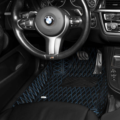 Tapis de Sol 3D sur Mesure Premium Luxus – Motif Double Losange Noir avec Surpiqûres Bleues