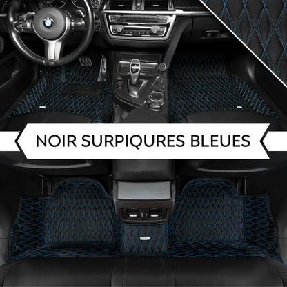 Tapis de Sol 3D sur Mesure Premium Luxus – Motif Double Losange Noir avec Surpiqûres Bleues