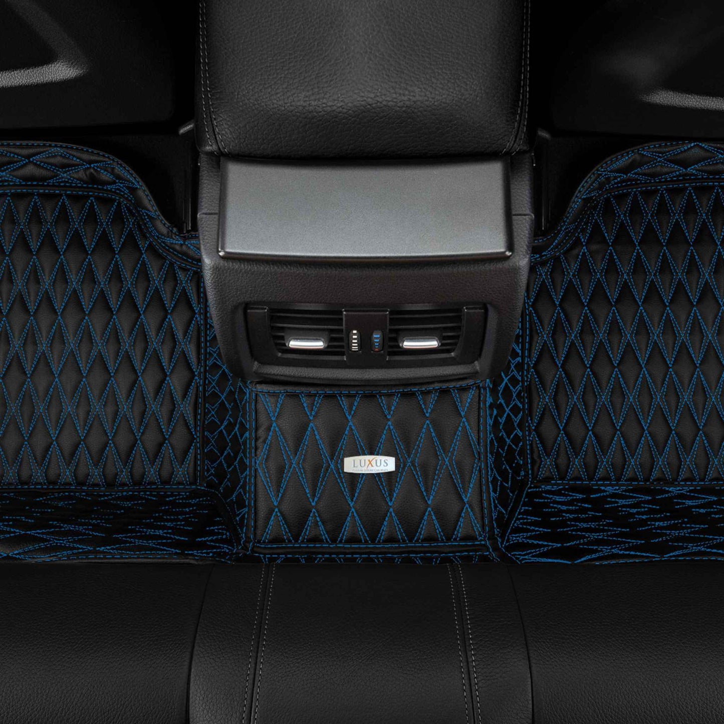 Tapis de Sol 3D sur Mesure Premium Luxus – Motif Double Losange Noir avec Surpiqûres Bleues