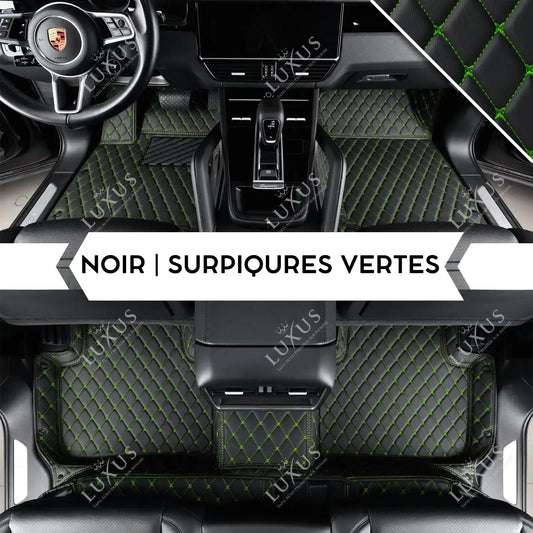 Tapis de Sol 3D Sur Mesure Premium Luxus – Motif Losange Noir avec Surpiqûres Vertes