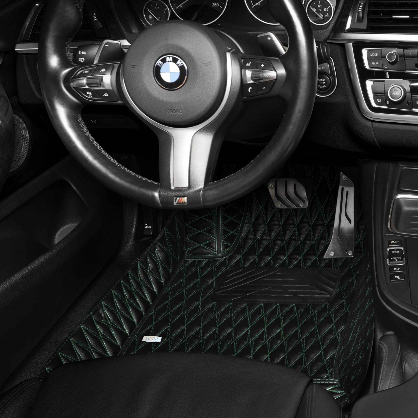 Tapis de Sol Premium Sur Mesure en 3D | Motif Double Losange | Noir & Surpiqûres Vertes