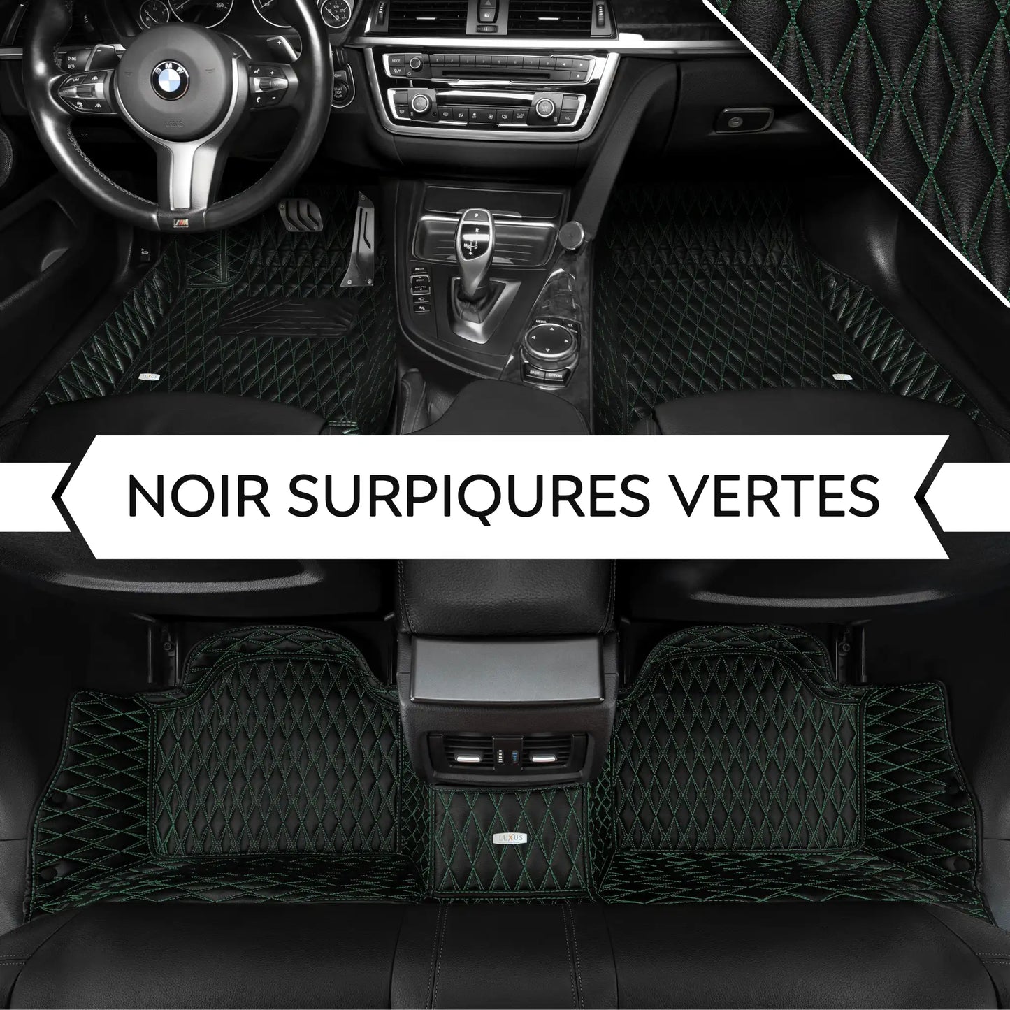Tapis de Sol Premium Sur Mesure en 3D | Motif Double Losange | Noir & Surpiqûres Vertes