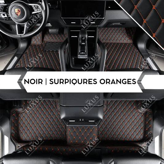 Tapis de Sol 3D Sur Mesure Premium Luxus – Motif Losange Noir avec Surpiqûres Oranges
