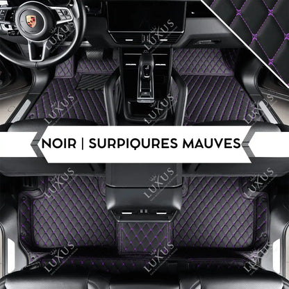 Tapis de Sol 3D Sur Mesure Premium Luxus – Motif Losange Noir avec Surpiqûres Mauves