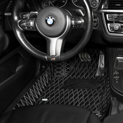 Tapis de Sol 3D sur Mesure Premium Luxus – Motif Double Losange Noir avec Surpiqûres Blanches