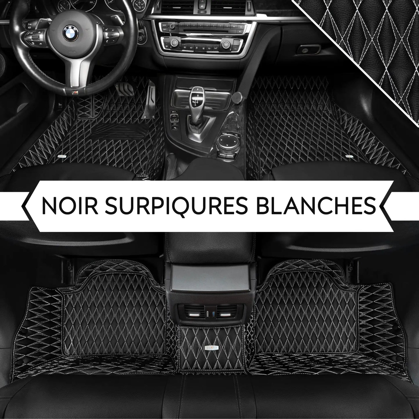 Tapis de Sol 3D sur Mesure Premium Luxus – Motif Double Losange Noir avec Surpiqûres Blanches