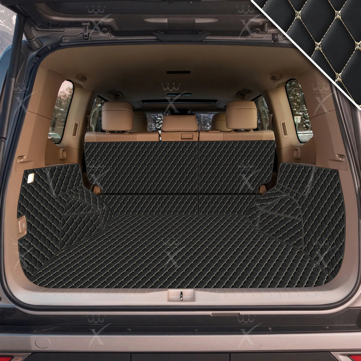 Tapis de Coffre 3D Intégral Sur Mesure Premium Luxus – Motif Losange Noir avec Surpiqûres Beiges