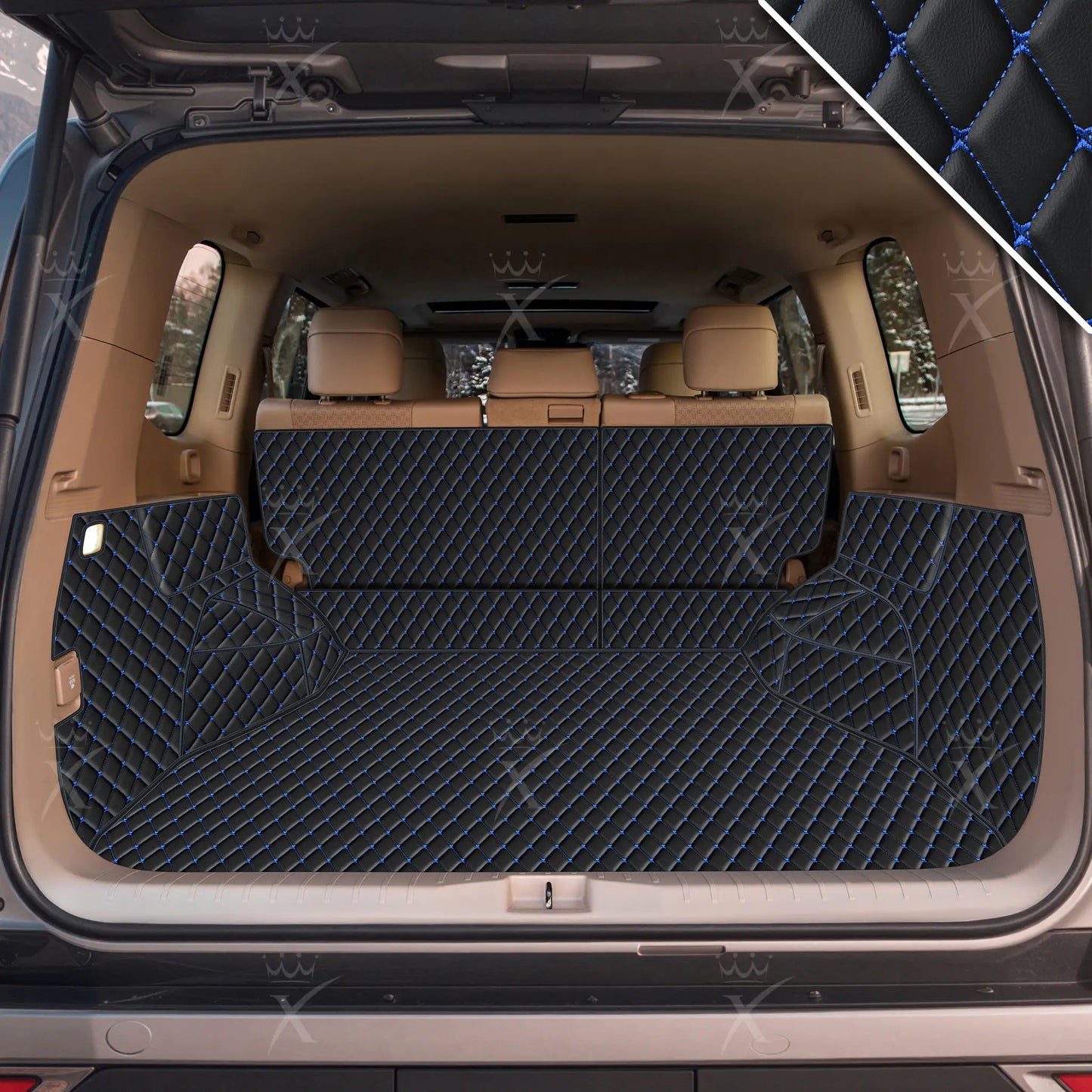 Tapis de Coffre 3D Intégral sur Mesure Premium Luxus – Motif Losange Noir avec Surpiqûres Bleues