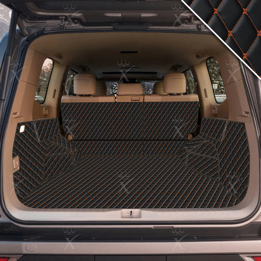 Tapis de Coffre 3D Intégral Sur Mesure Premium Luxus – Motif Losange Noir Avec Surpiqûres Orange