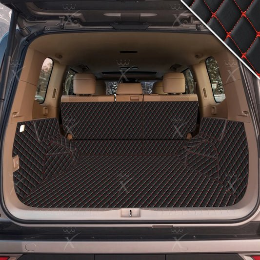 Tapis de Coffre 3D Intégral sur Mesure Premium Luxus – Motif Losange Noir avec Surpiqûres Rouges