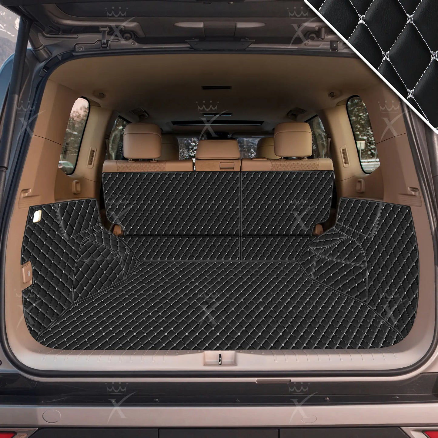 Tapis de Coffre 3D Intégral sur Mesure Premium Luxus – Motif Losange Noir avec Surpiqûres Blanches