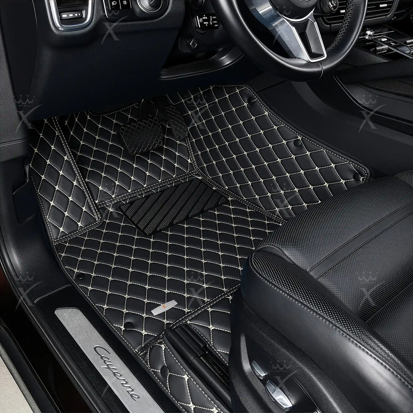 Tapis de Sol 3D sur Mesure Premium Luxus – Motif Losange Noir avec Surpiqûres Beiges