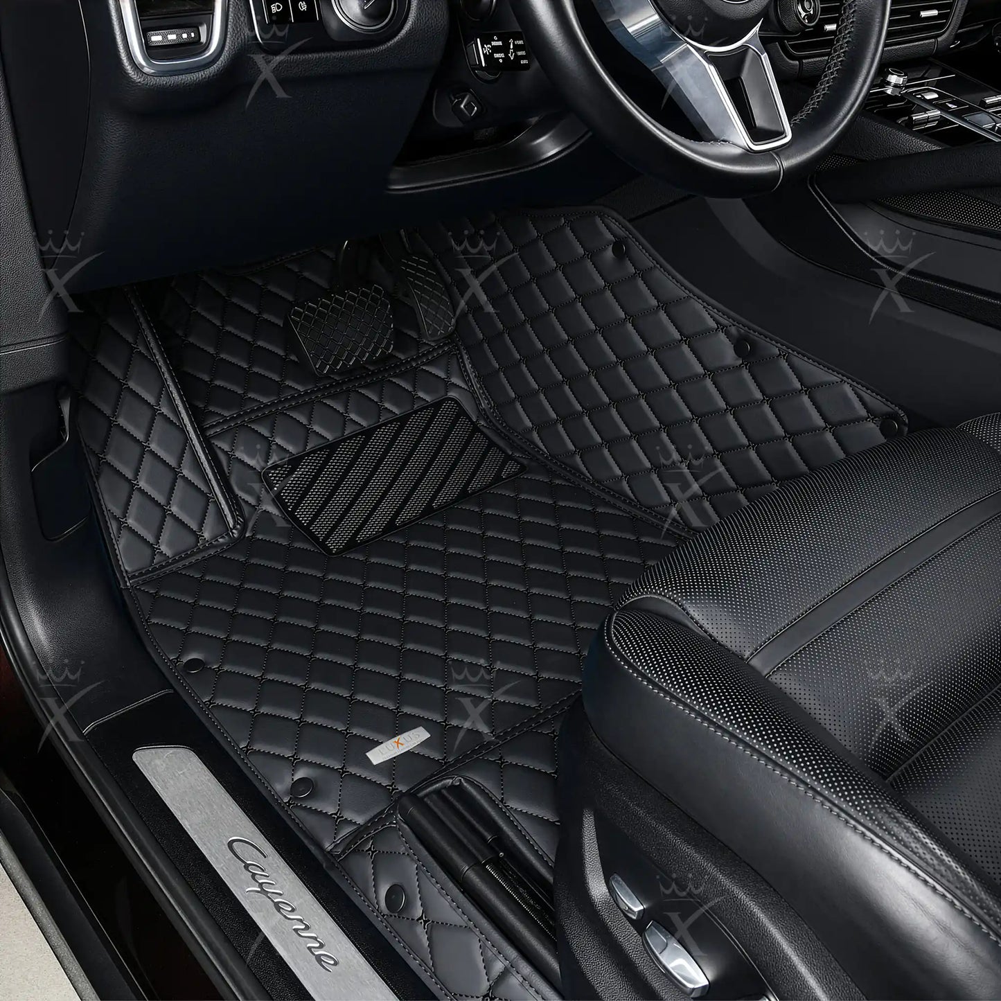Tapis de Sol 3D Sur Mesure Premium Luxus – Motif Losange Noir avec Surpiqûres Noires