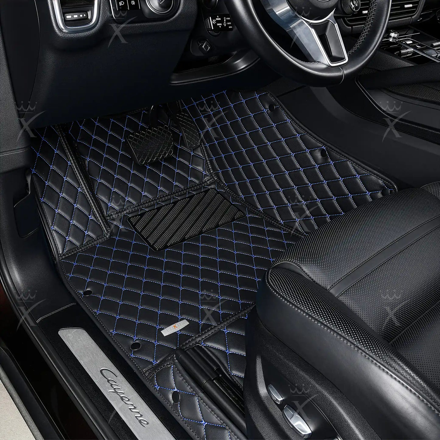 Tapis de Sol 3D Sur Mesure Premium Luxus – Motif Losange Noir avec Surpiqûres Bleues