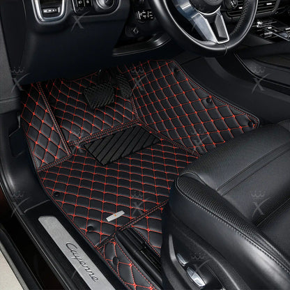 Tapis De Sol 3D Sur Mesure Premium Luxus – Motif Losange Noir avec Surpiqûres Rouges
