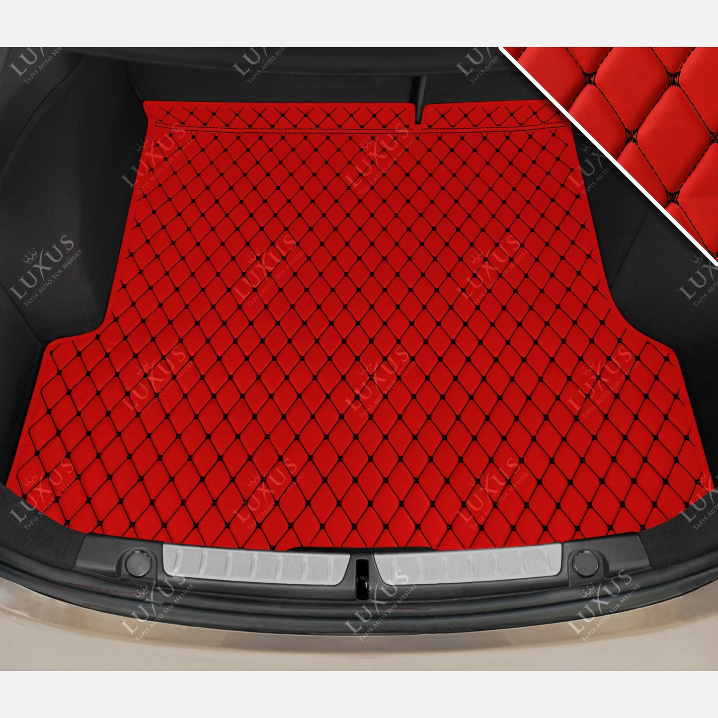 Tapis de Coffre sur Mesure Premium Luxus – Motif Losange Rouge Ferrari avec Surpiqûres Noires