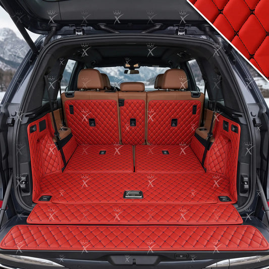 Tapis de Coffre 3D Intégral sur Mesure Premium Luxus – Motif Losange Rouge Ferrari avec Surpiqûres Noires