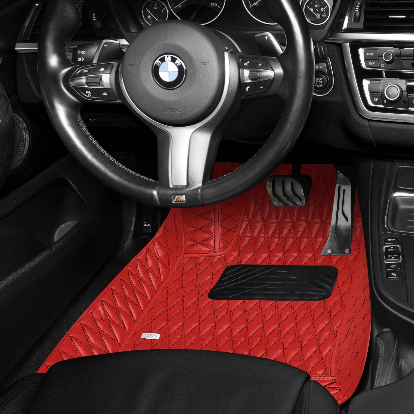 Tapis de Sol 3D sur Mesure Premium Luxus – Motif Double Losange Rouge Ferrari avec Surpiqûres Noires