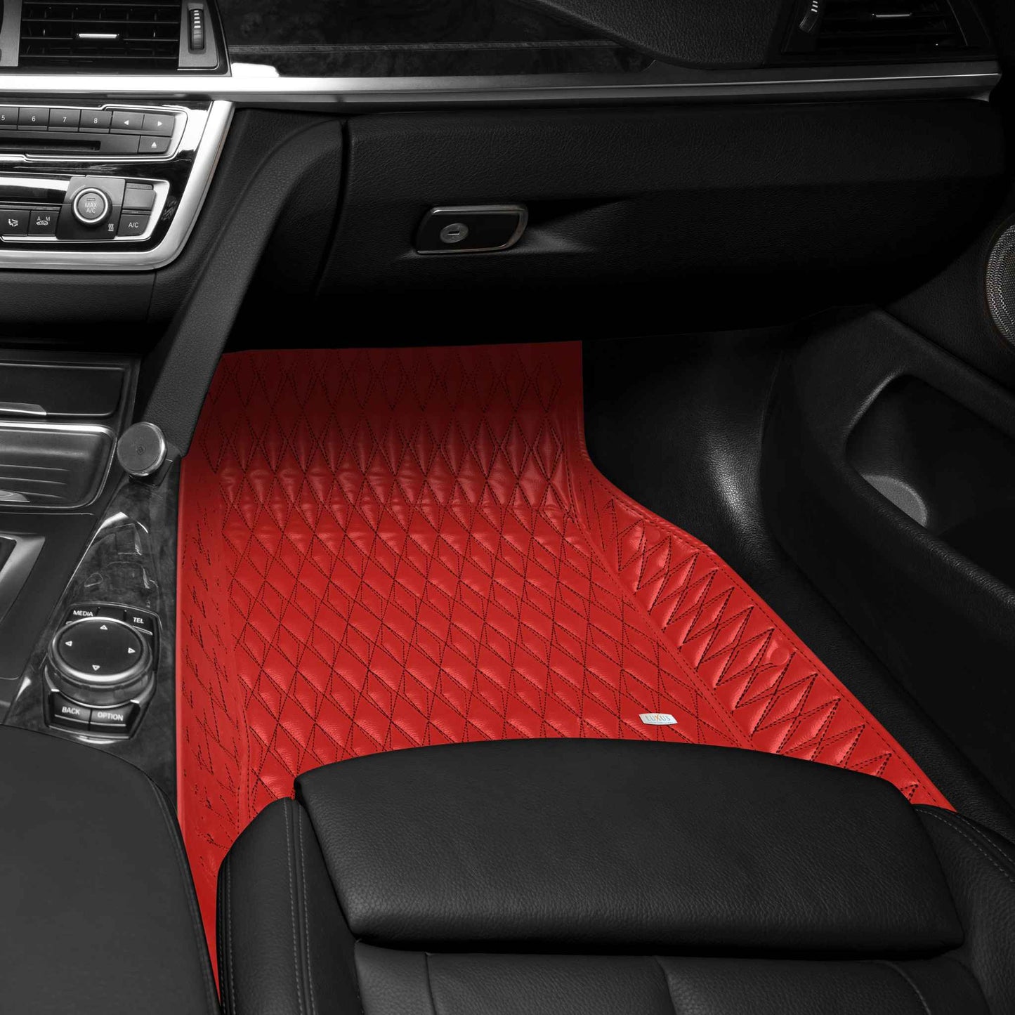Tapis de Sol 3D sur Mesure Premium Luxus – Motif Double Losange Rouge Ferrari avec Surpiqûres Noires