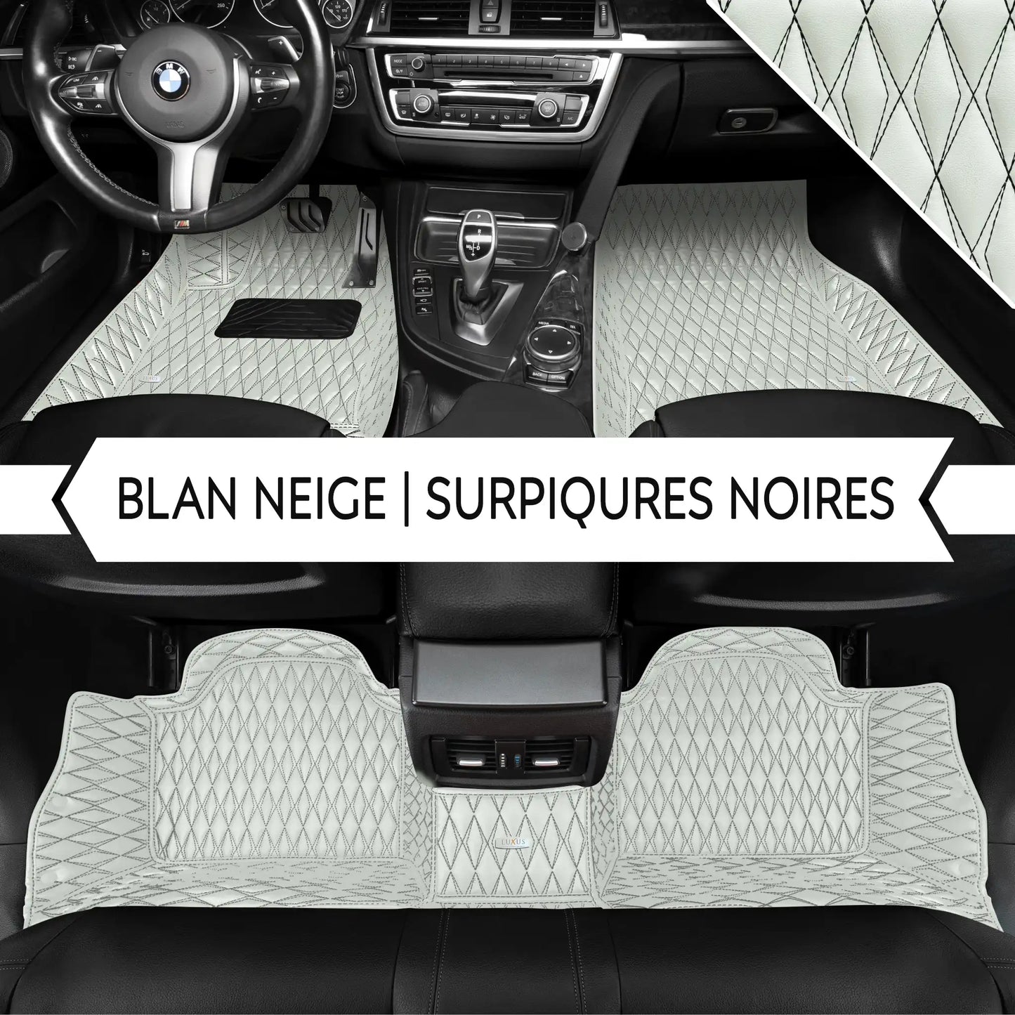 Tapis de Sol 3D sur Mesure Premium Luxus – Motif Double Losange Blanc Neige avec Surpiqûres Noires