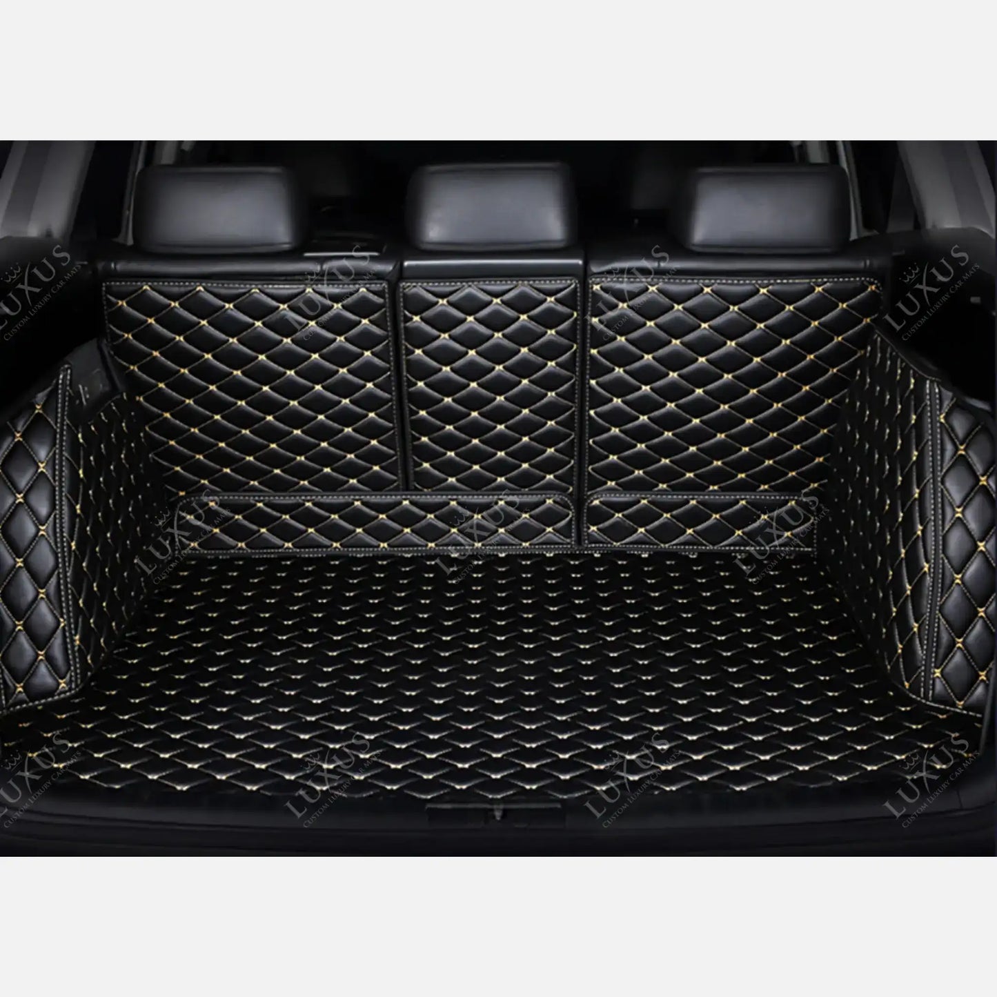 Tapis de coffre 3D intégral sur mesure premium Luxus – motif losange noir avec surpiqûres beiges