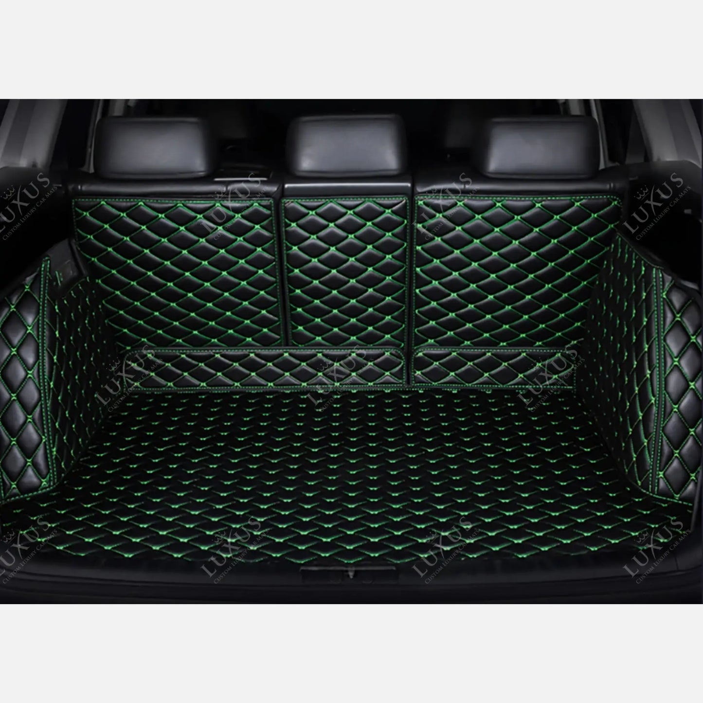 Tapis de Coffre 3D Intégral sur Mesure Premium Luxus – Motif Losange Noir avec Surpiqûres Vertes