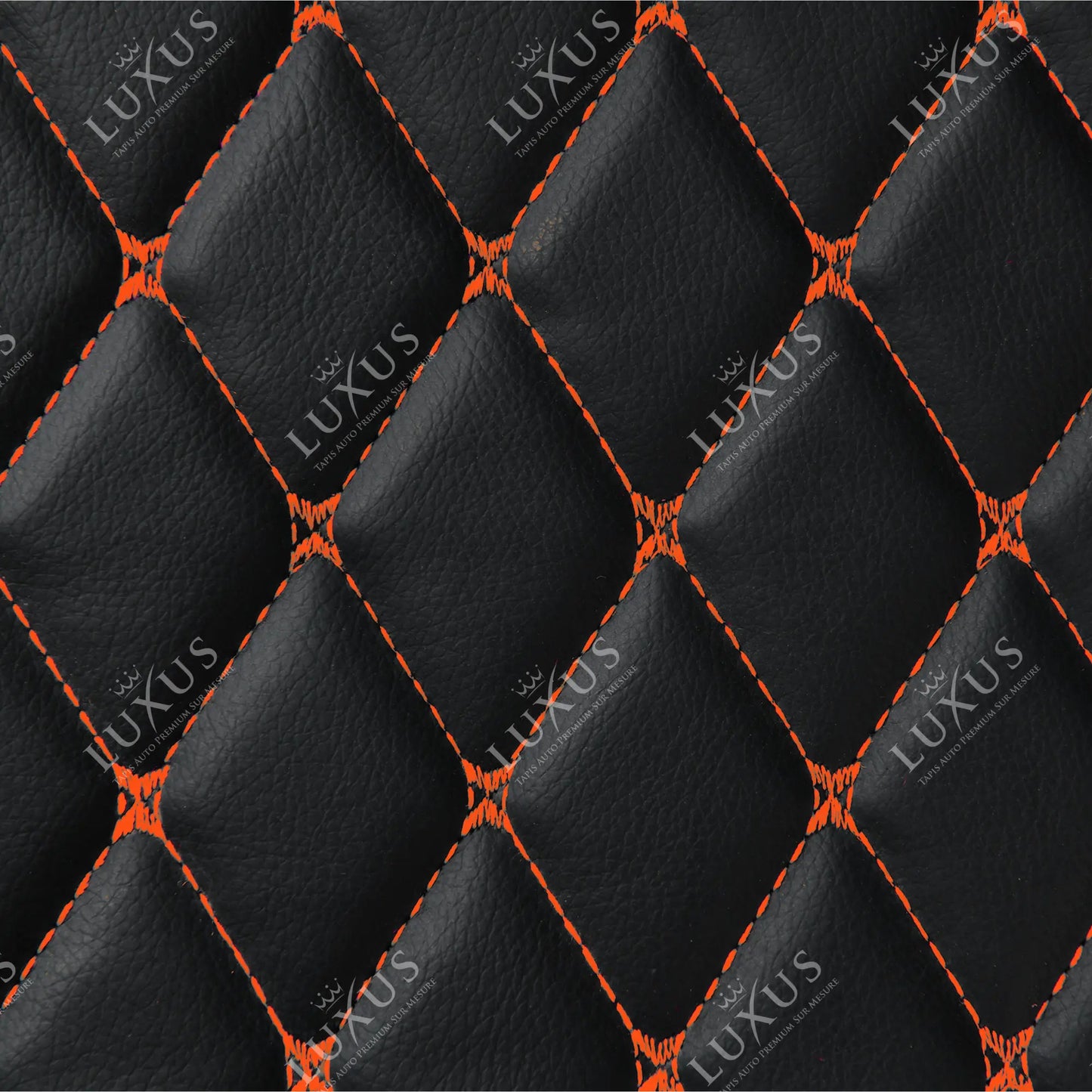 Tapis de coffre 3D intégral sur mesure premium Luxus – motif losange noir avec surpiqûres orange